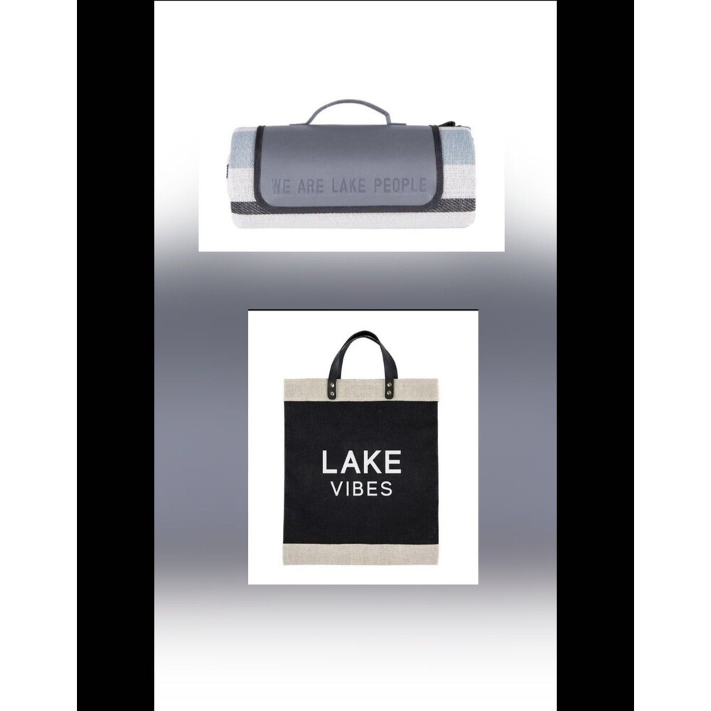 Lake Life Bundle Black Jute Tote Bag & Beach Blanket NEW